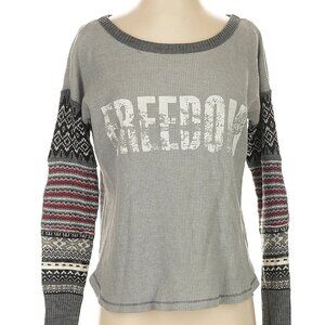 Free People Gray 'FREEDOM' Waffle Knit Long Sleeve Tee with Patterned Sleeves